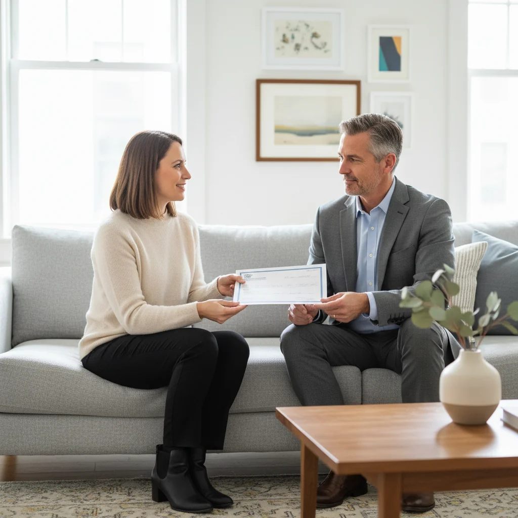 A photorealistic image representing family financial support and obligations between separated adults, such as a caring adult providing financial assistance to another adult in a supportive home setting, emphasizing themes of agreement and responsibility without depicting any children.