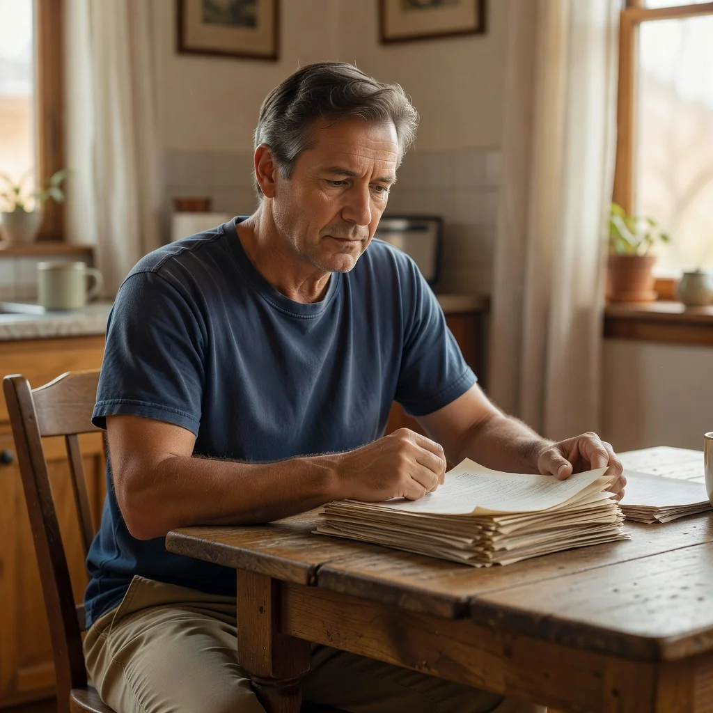 A photorealistic image depicting a caring adult parent in a thoughtful moment, perhaps sitting at a table reviewing family-related papers with a gentle expression, symbolizing the responsibilities and rights in child maintenance agreements, without showing any children or legal documents directly.