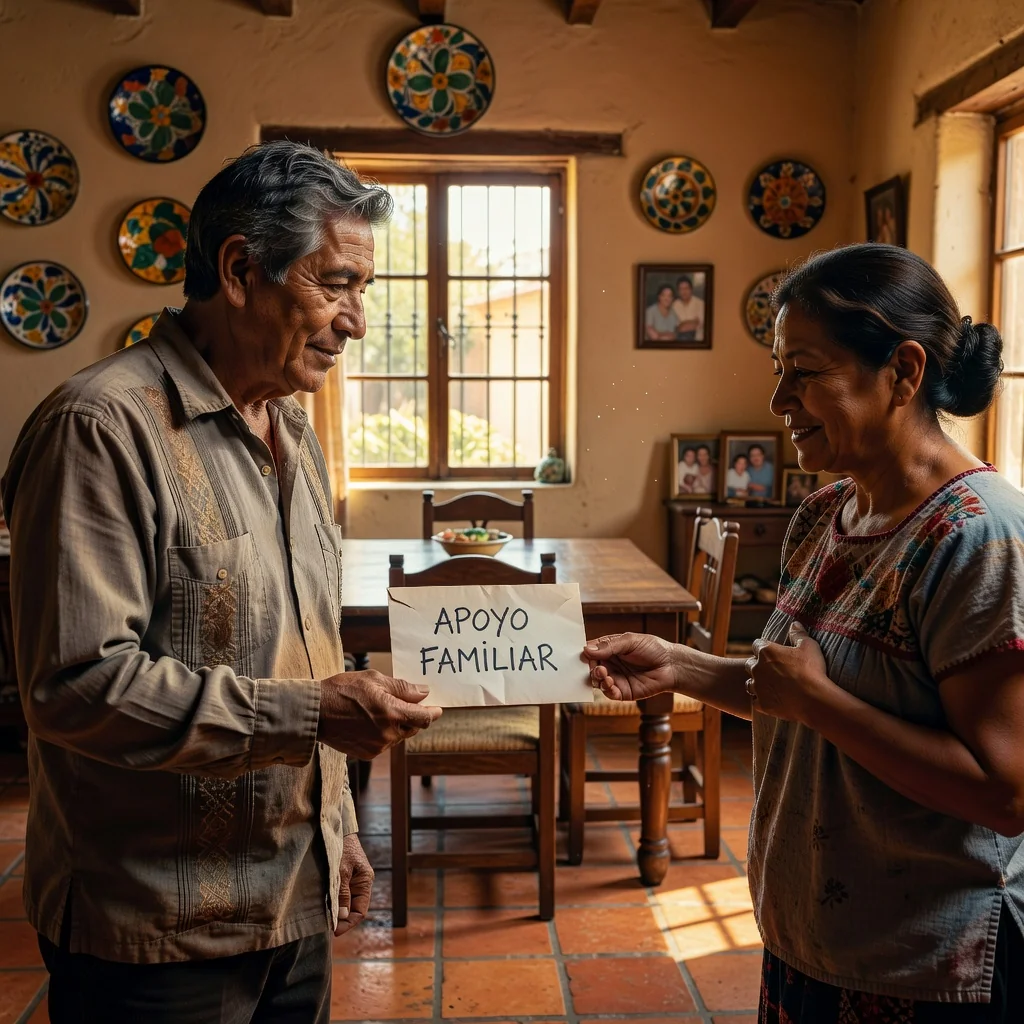 A photorealistic image depicting a caring adult family member providing financial support to another adult, symbolizing pension alimony in Mexico, with subtle Mexican cultural elements in the background like a traditional home setting, evoking themes of family responsibility and legal protection without showing any children.