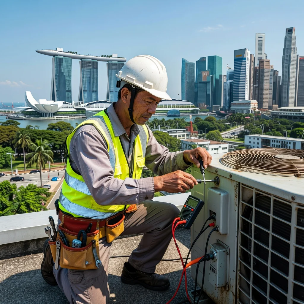 A photorealistic image depicting a professional maintenance worker in Singapore carefully inspecting and repairing air conditioning units on a high-rise building rooftop, symbolizing the importance of well-drafted maintenance contracts to avoid common pitfalls. The scene shows the worker in safety gear, with the urban Singapore skyline in the background, emphasizing reliability and expertise in building maintenance.