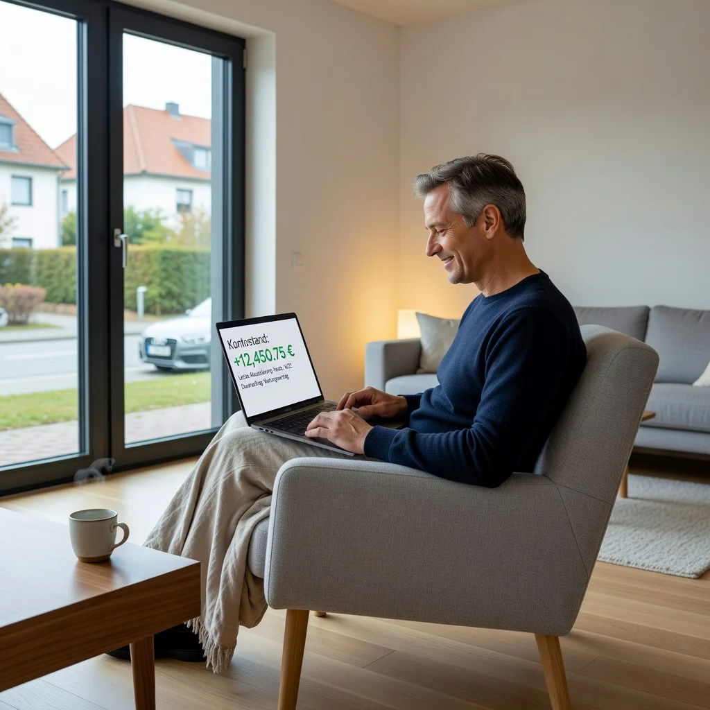 A photorealistic image depicting the benefits of a maintenance contract in Germany, showing a relieved adult individual receiving financial support, perhaps a middle-aged person smiling while reviewing a bank statement or enjoying a stable lifestyle, symbolizing security and peace of mind from alimony payments. No children are present in the image.