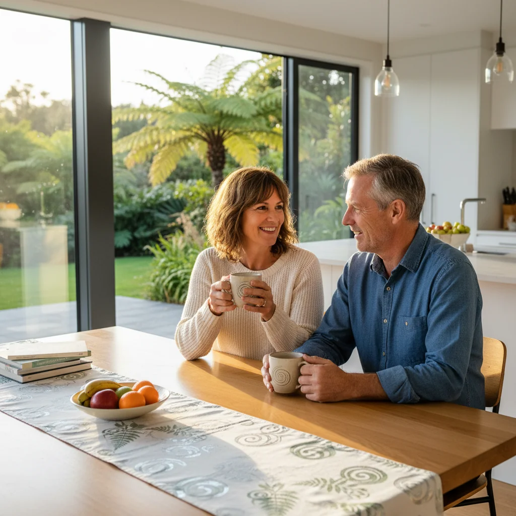 A photorealistic image depicting a peaceful moment between two co-parents in a New Zealand home setting, such as a cozy living room with subtle local elements like a kiwi bird motif on a cushion, both adults smiling warmly as they discuss amicably over coffee, symbolizing cooperation and agreement in parenting without any children present.