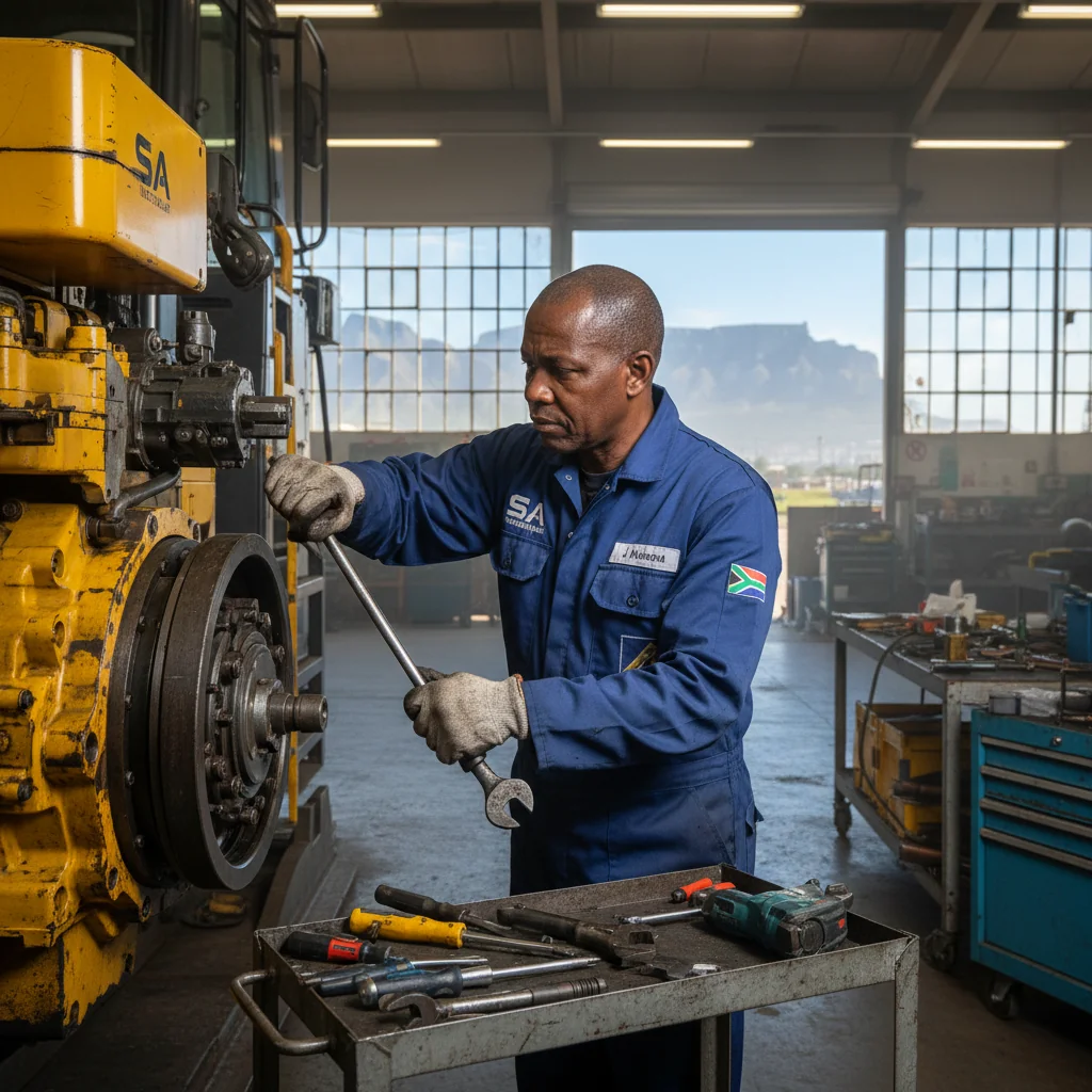A photorealistic image depicting a professional maintenance scenario in South Africa, such as a skilled adult technician in work uniform performing repairs on industrial machinery in a modern workshop, symbolizing the enforcement and reliability of maintenance agreements, with South African elements like a subtle flag or local landscape in the background, no children present.