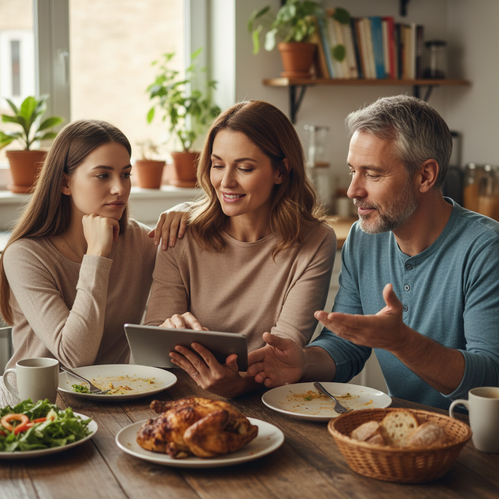 A photorealistic image depicting a peaceful family moment between divorced parents and their adult child, symbolizing financial support and agreement in a pension alimentaire context, with warm lighting and natural setting.