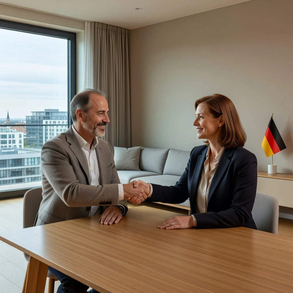 A photorealistic image representing family financial support in Germany, showing two adults shaking hands over a table with subtle German elements like a map or flag in the background, symbolizing a maintenance agreement without focusing on documents.