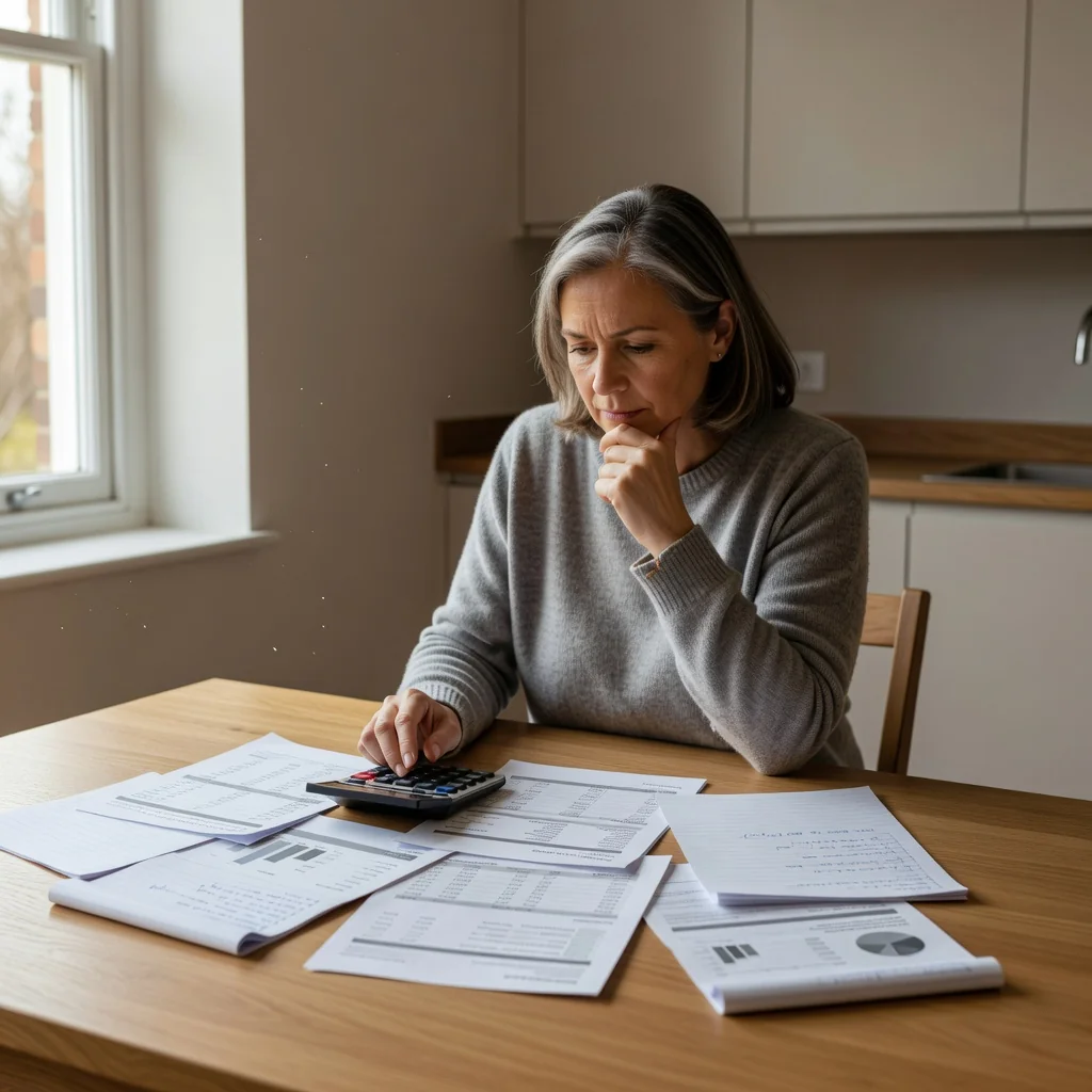 A photorealistic image representing the purpose of a child maintenance agreement in the UK, showing a caring adult parent in a modern home setting, reviewing financial documents or using a calculator to plan budget for family support, with warm and responsible atmosphere, no children visible.