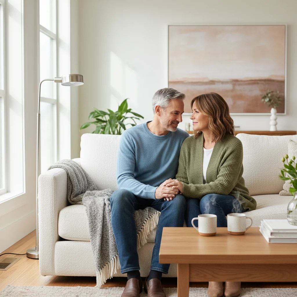 A photorealistic image depicting a peaceful family moment between parents, symbolizing harmony and agreement in parenting, without showing any children. The scene focuses on two parents sitting together on a couch in a cozy living room, smiling and discussing calmly, with warm lighting to convey positivity and cooperation.