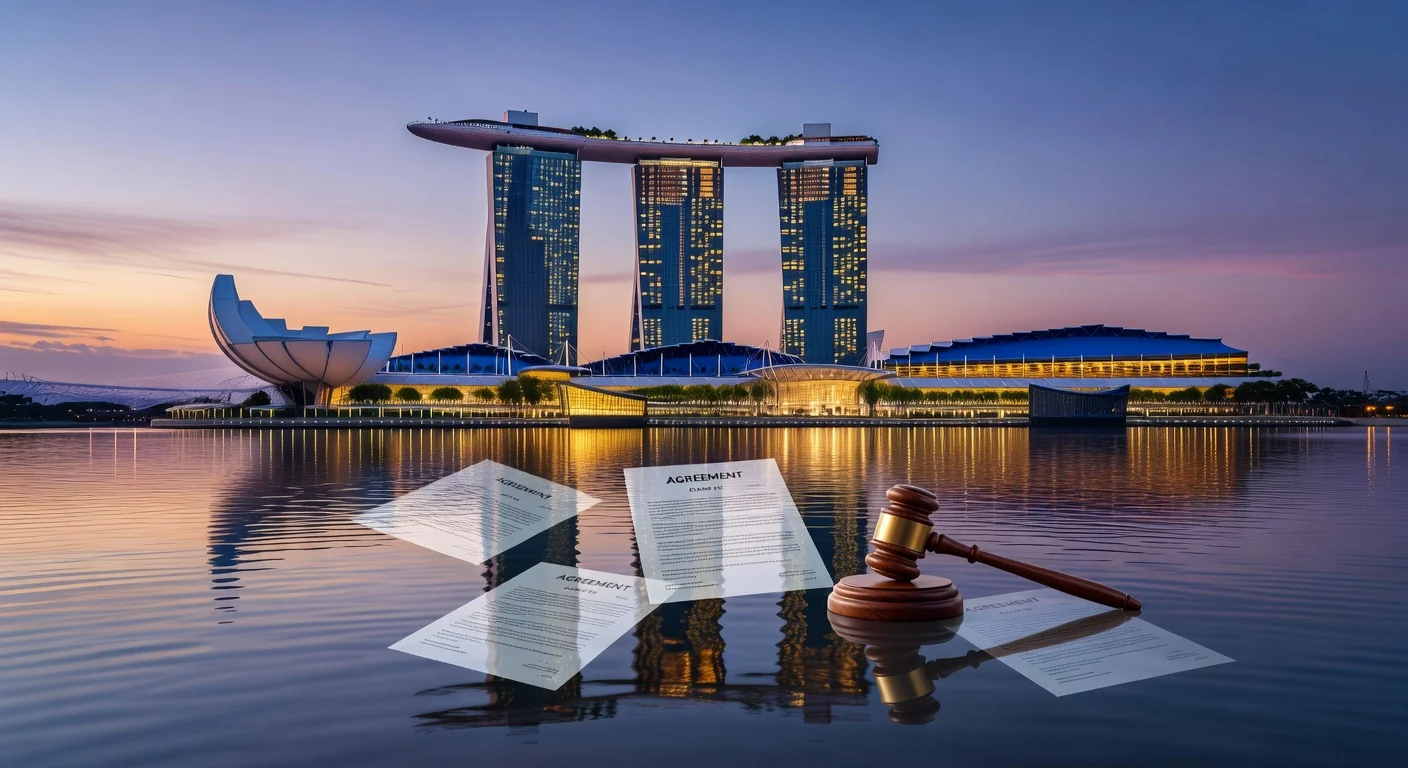 Singapore skyline with legal icons