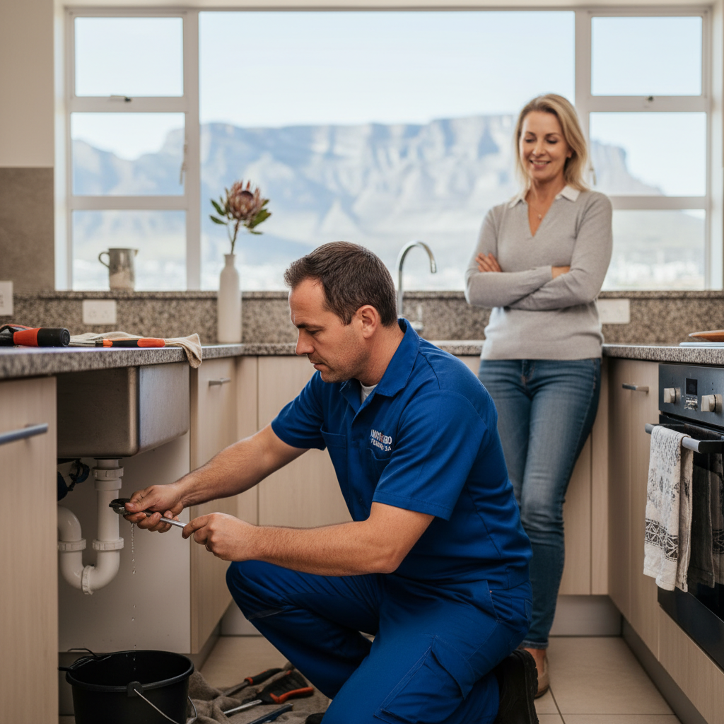 A photorealistic image depicting a professional maintenance service in South Africa, showing a skilled adult technician in work attire repairing a household appliance in a modern South African home, with subtle South African elements like a flag or local landscape in the background, conveying reliability and agreement in service.