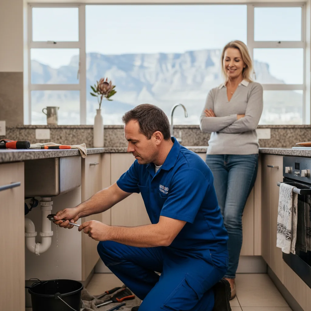 A photorealistic image depicting a professional maintenance service in South Africa, showing a skilled adult technician in work attire repairing a household appliance in a modern South African home, with subtle South African elements like a flag or local landscape in the background, conveying reliability and agreement in service.