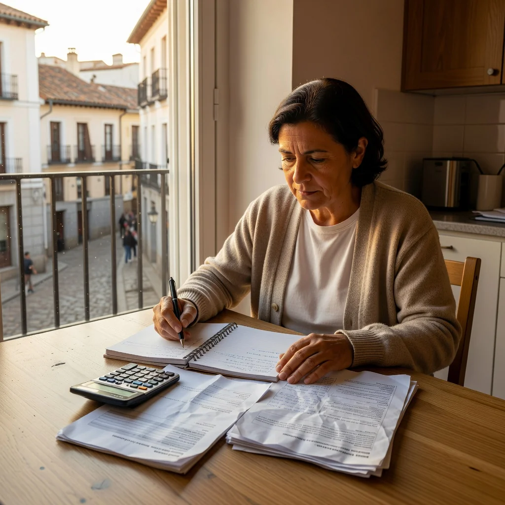 A photorealistic image symbolizing family financial support and child maintenance arrangements in Spain, featuring a caring adult parent in a modern Spanish home, reviewing financial plans or bills on a table with a subtle background of the Spanish flag or landscape, evoking stability and responsibility. No children are visible in the image.