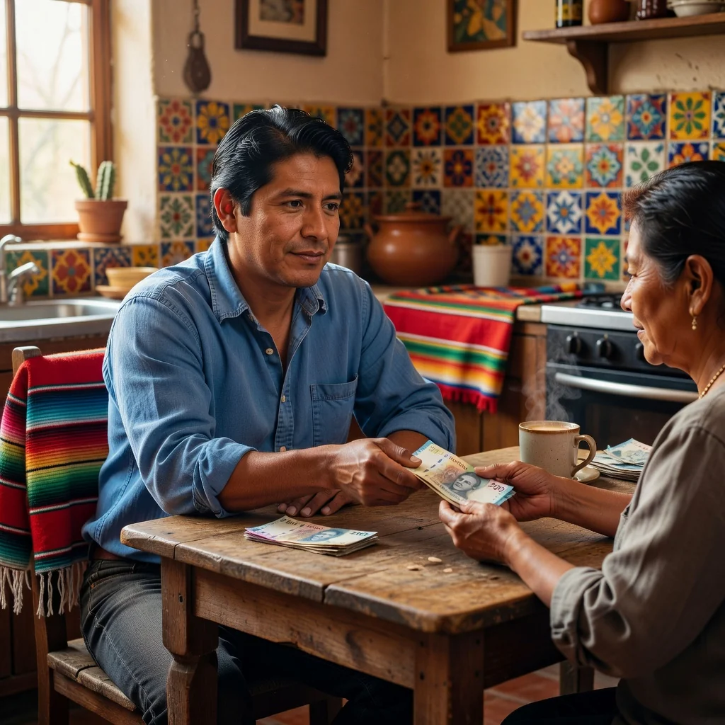 A photorealistic image representing family support and financial responsibility in Mexico, showing an adult parent providing care and support to another adult family member in a warm home setting, with subtle Mexican cultural elements in the background, evoking themes of alimony and pension agreements without depicting any legal documents.