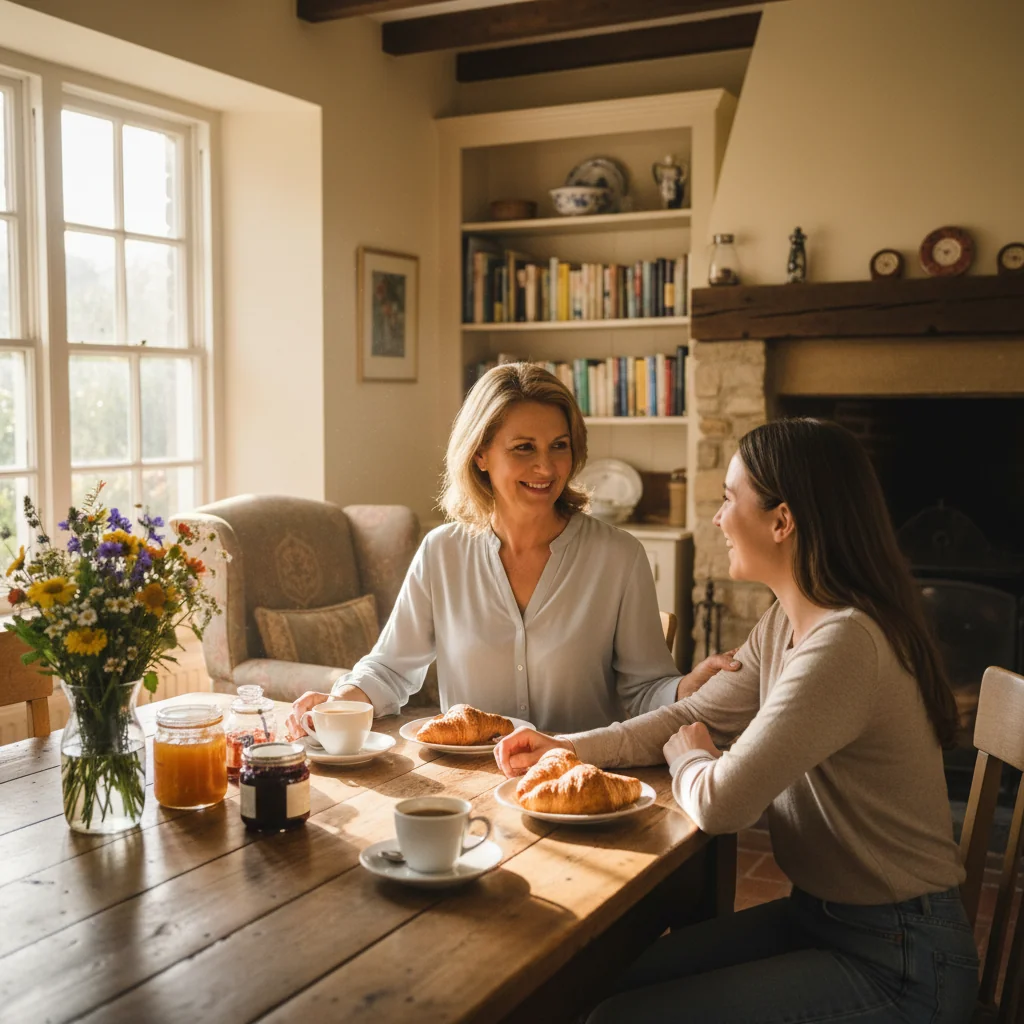 A photorealistic image of a caring adult parent and their young child sharing a joyful moment at home, symbolizing family support and financial care, with warm lighting and natural expressions, no legal documents visible.