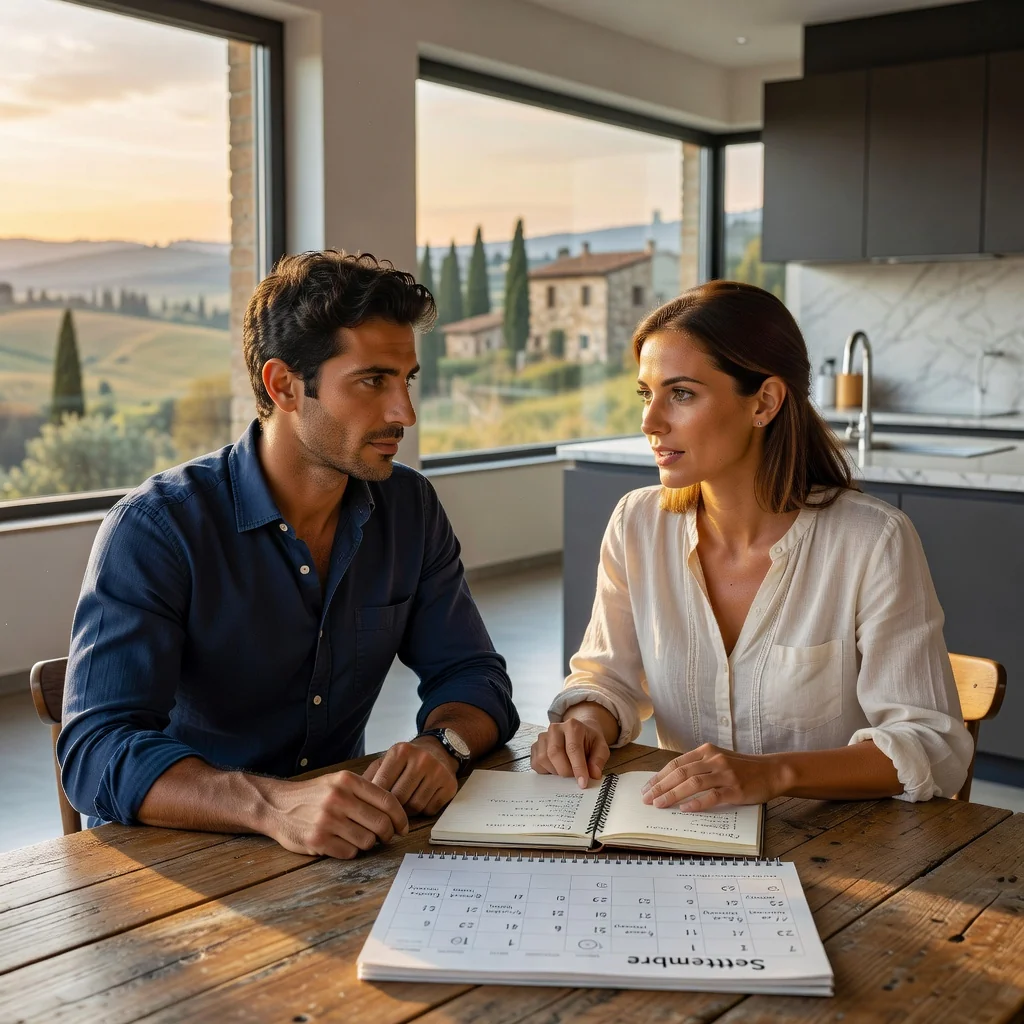 A photorealistic image depicting a caring Italian family scene focusing on parents discussing family matters at home, symbolizing child maintenance and support without showing any children.