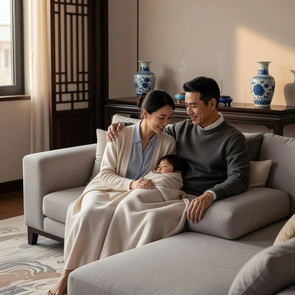 A photorealistic image depicting a supportive family moment between parents and a child, symbolizing the purpose of child support agreements in China, with subtle Chinese cultural elements in the background.