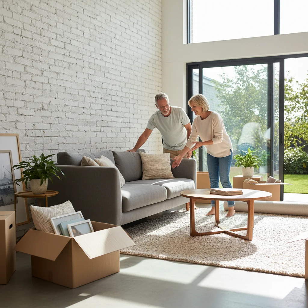 A photorealistic image of two consenting adults, a man and a woman, happily unpacking boxes and setting up a cozy shared living space in a modern apartment, symbolizing the beginning of harmonious cohabitation without any focus on legal documents.