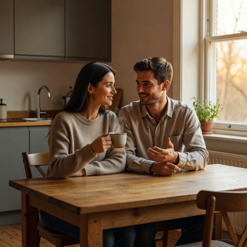 A photorealistic image of a young adult couple in a modern UK apartment, sitting together at a kitchen table, discussing terms with a sense of agreement and partnership, symbolizing cohabitation planning. No children or legal documents visible.