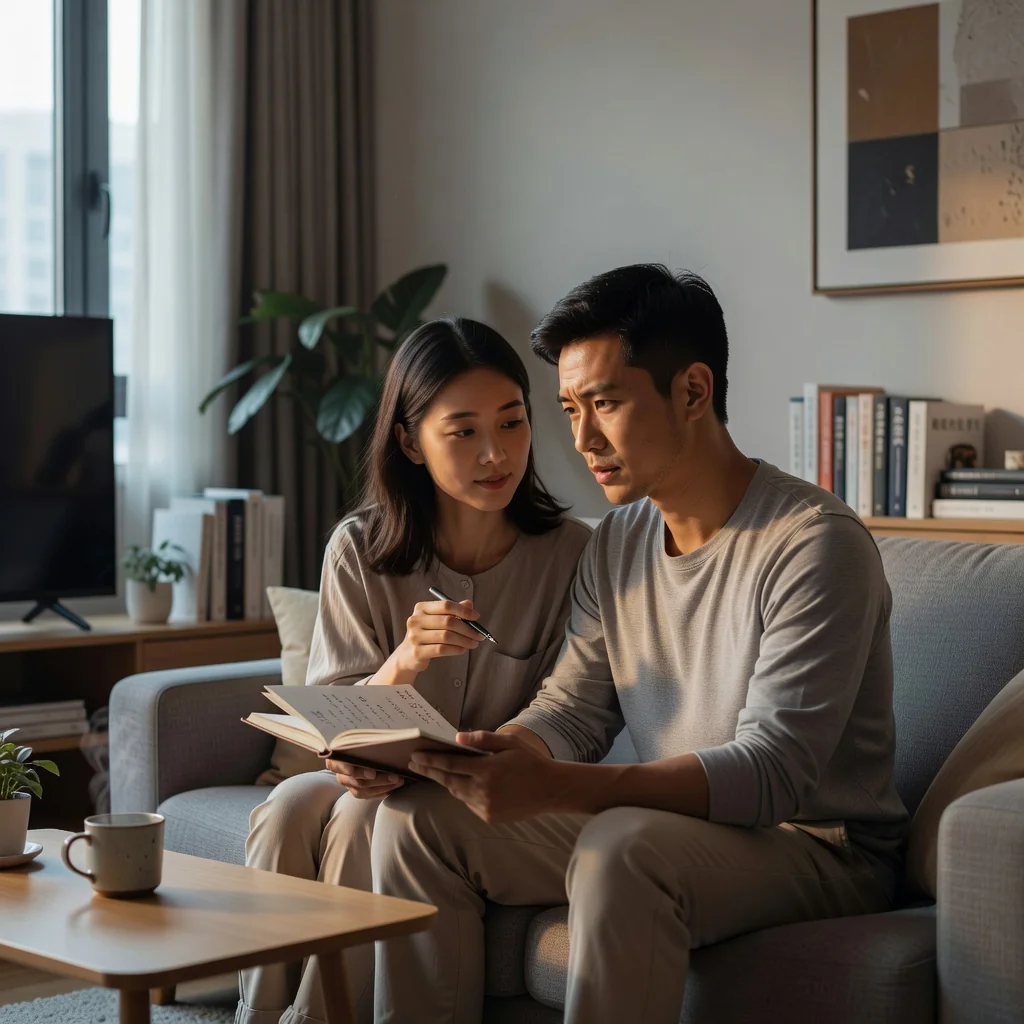 A photorealistic image of a young adult couple in their shared modern apartment, sitting together on a couch discussing something important with a thoughtful expression, symbolizing the considerations of cohabitation agreements in China, no children present.