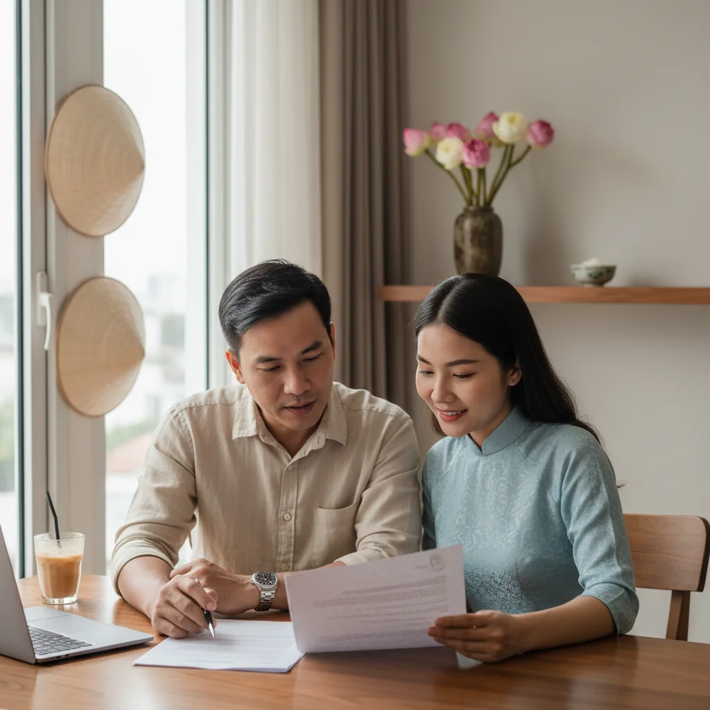 A photorealistic image of two consenting adults in a modern Vietnamese home, sitting together at a table reviewing a contract, symbolizing cohabitation agreement, with warm lighting and cultural elements like traditional decor in the background, no children present.