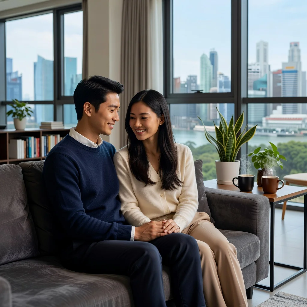 A photorealistic image depicting a young adult couple in a modern Singapore apartment, sitting together on a couch, discussing their living arrangements with a sense of mutual understanding and commitment. They are smiling warmly at each other, with elements like shared household items in the background, symbolizing cohabitation and partnership. No children are present in the image.