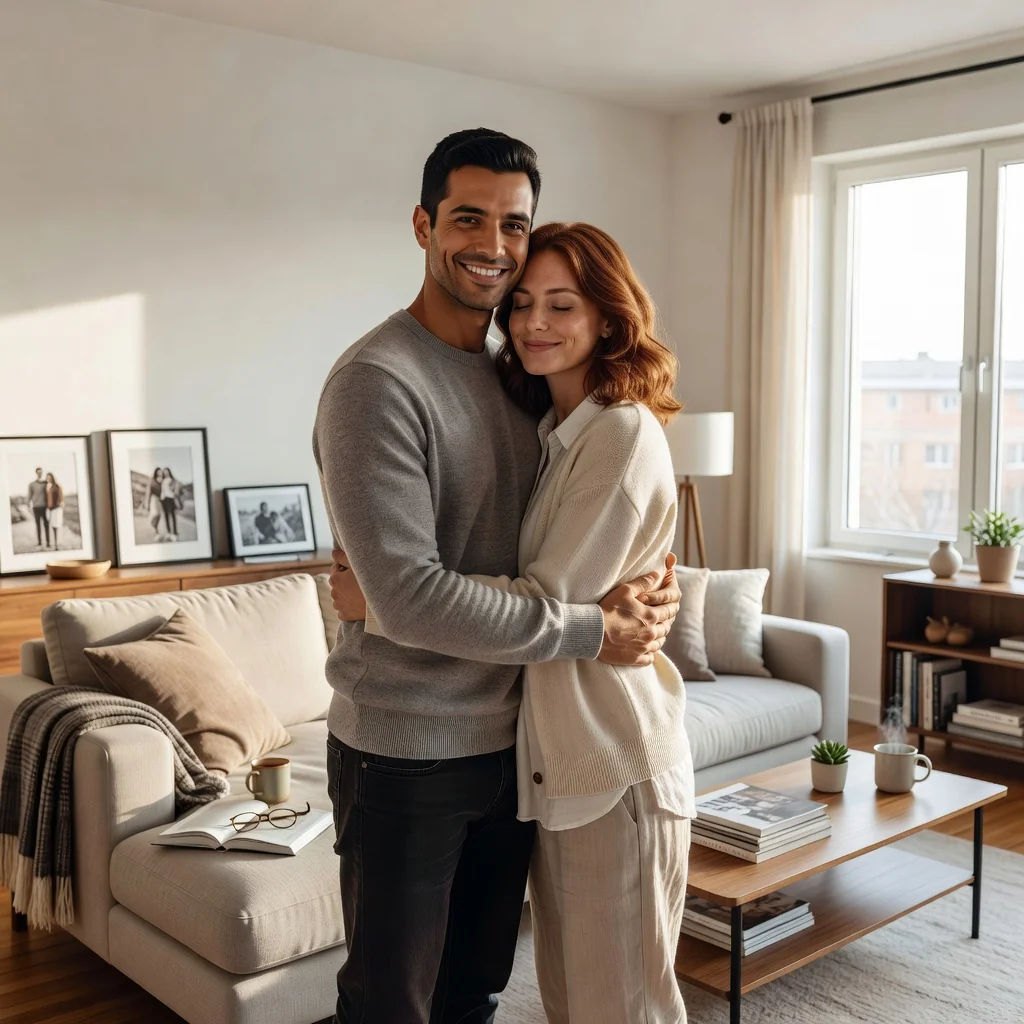 A photorealistic image of a happy adult couple in their mid-30s, embracing warmly in a modern living room filled with natural light from large windows, symbolizing the benefits and rights of cohabitation for non-marital couples, with subtle elements like shared personal items on shelves representing their committed life together, no children present, warm and inviting atmosphere.