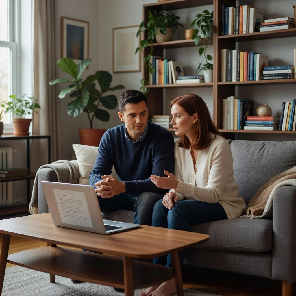 A photorealistic image of a young adult couple in a modern living room, sitting together on a couch, discussing something important with a laptop open between them, symbolizing the planning and agreement aspects of cohabitation without focusing on any legal documents. The scene conveys trust, partnership, and shared living space. No children are present in the image.