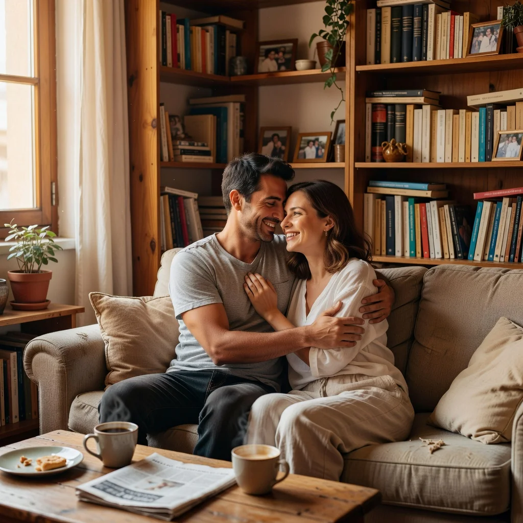 A photorealistic image depicting a happy adult couple in a loving embrace, sitting together on a cozy sofa in a modern Spanish living room with warm lighting and subtle Spanish decor like a flag or map in the background, symbolizing partnership and cohabitation without any legal documents visible.