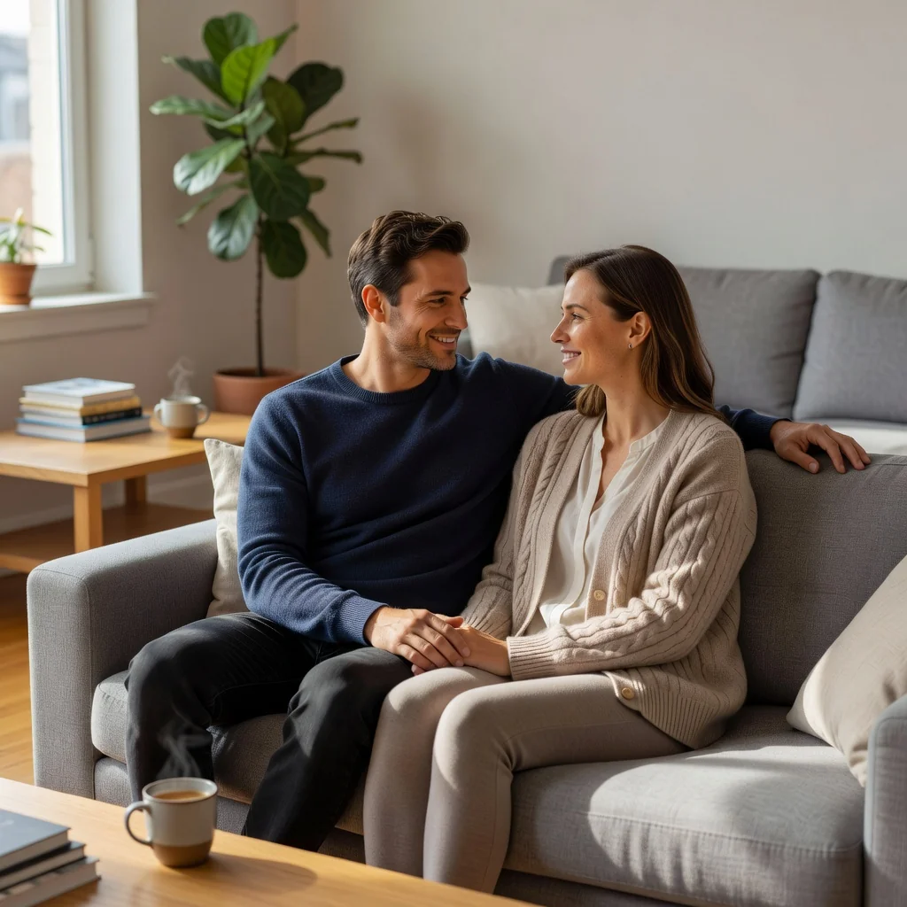 A photorealistic image of a happy adult couple in their mid-30s sitting closely together on a cozy couch in a modern living room, discussing their shared life plans with warm smiles, symbolizing commitment and partnership in cohabitation, no children present.