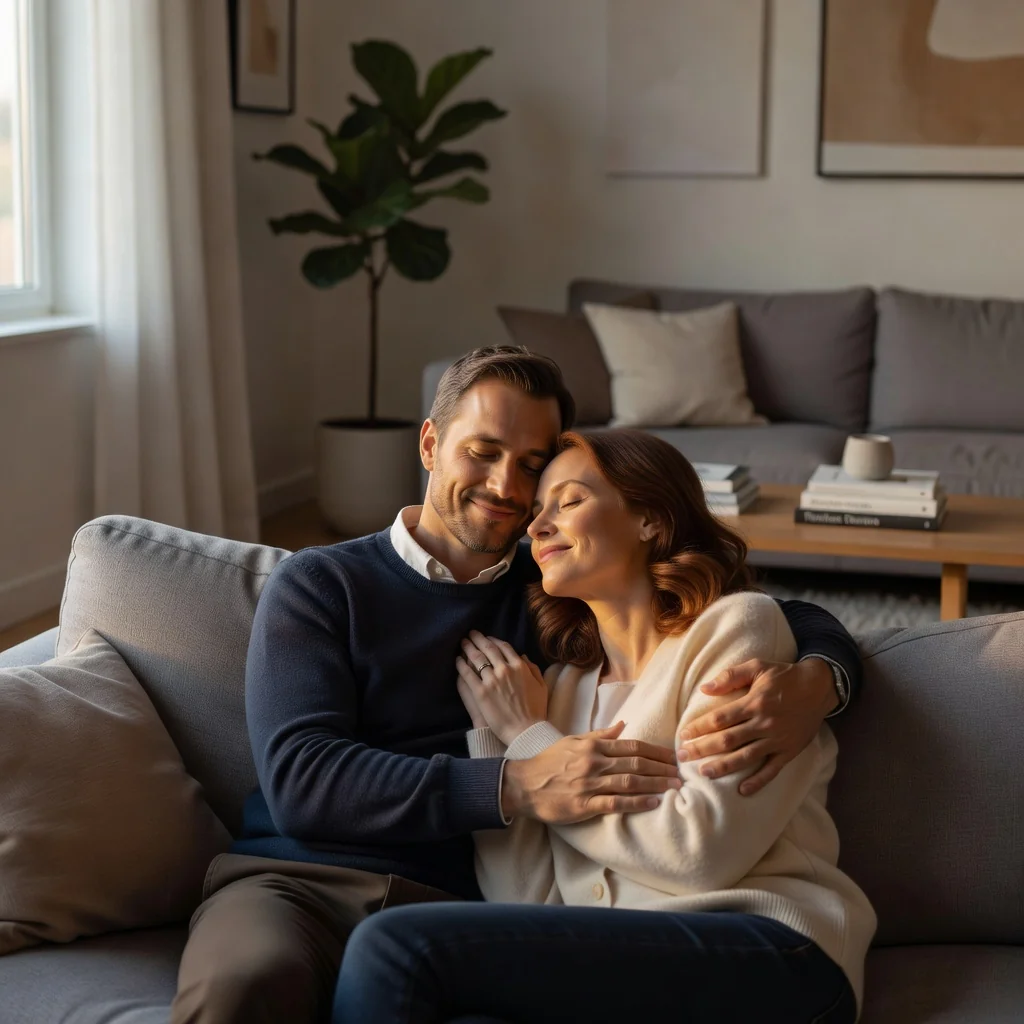 A photorealistic image depicting a happy adult couple in their 30s sitting closely together on a cozy living room sofa, holding hands affectionately, with warm sunlight streaming through a window, symbolizing the harmony and commitment of cohabitation without focusing on any legal documents.