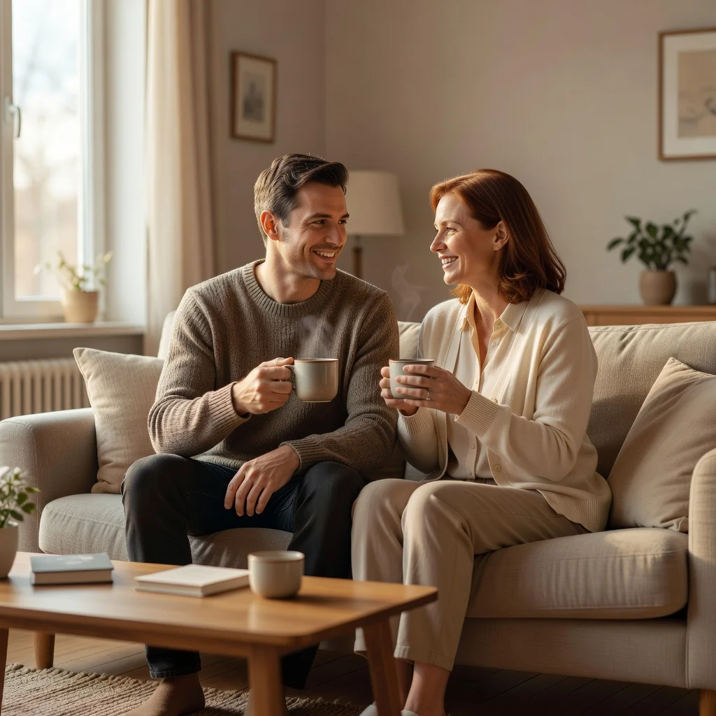A photorealistic image depicting two adults in a harmonious home environment, sitting together on a cozy couch in a modern living room, discussing matters with smiles and a sense of agreement, symbolizing peaceful coexistence and mutual understanding without any legal documents visible.