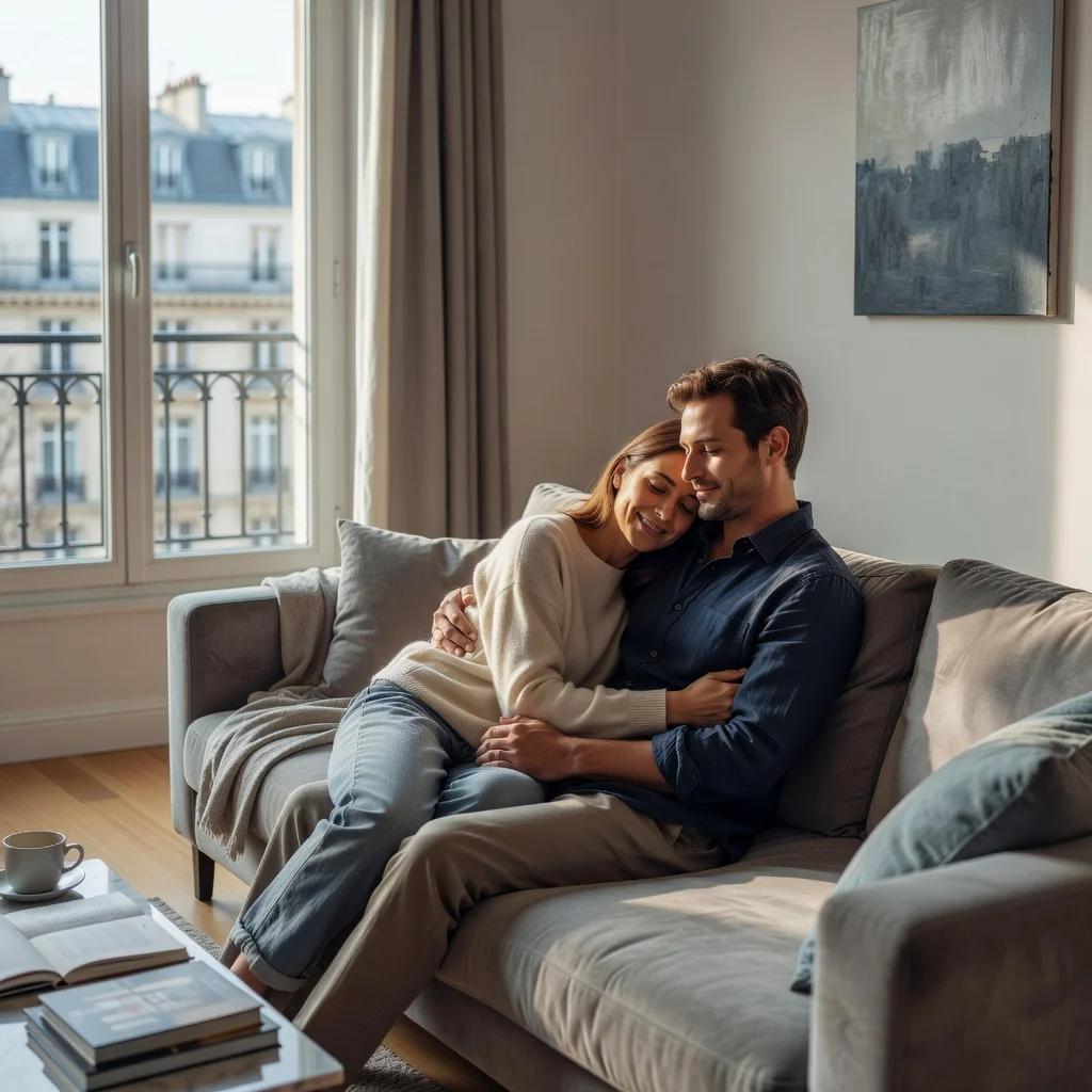 A photorealistic image depicting a happy adult couple in a committed relationship, relaxing together on a cozy couch in a modern French apartment, symbolizing the essence of concubinage in France, with no children present.
