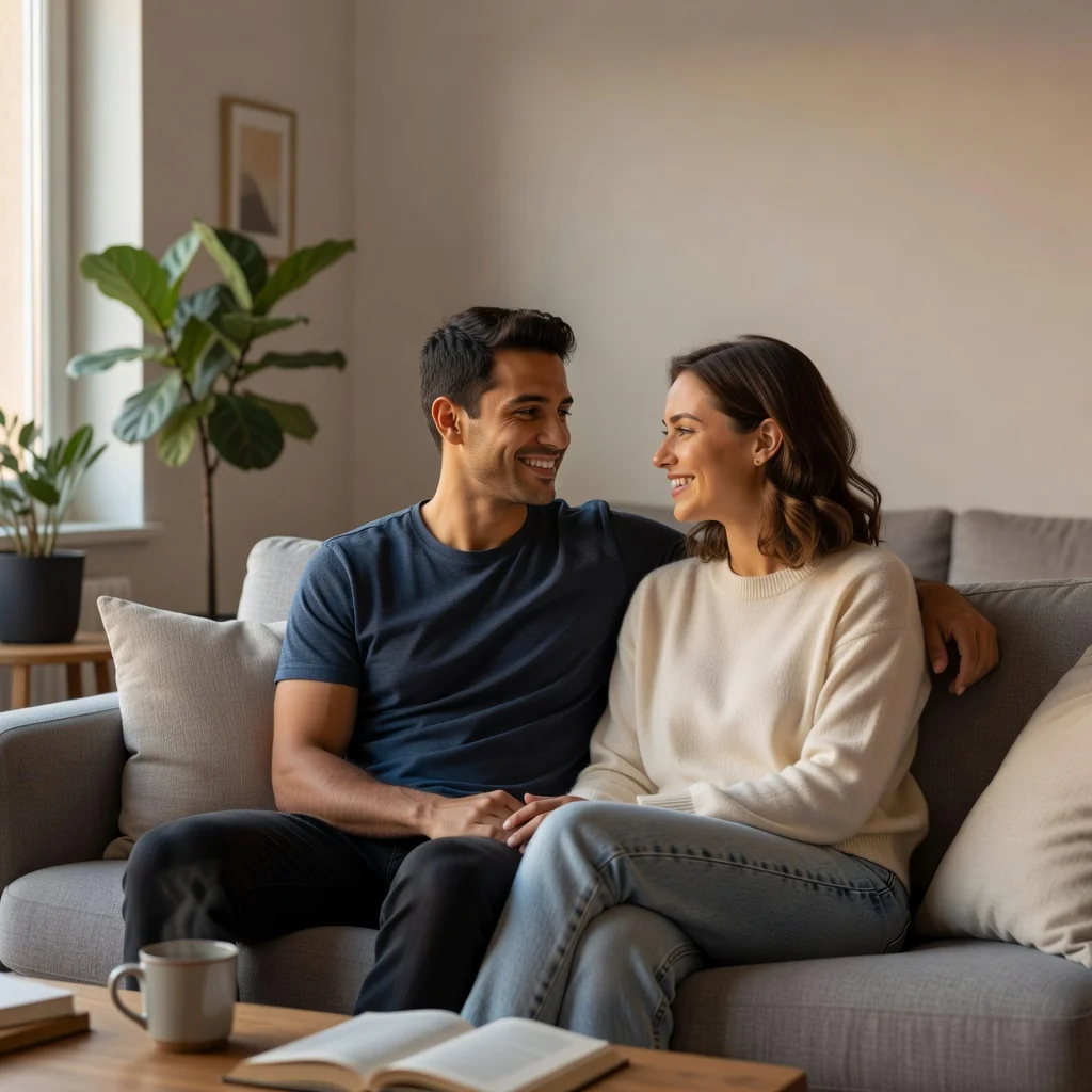 A photorealistic image of a happy young adult couple in their shared modern apartment, sitting together on a couch, discussing plans with smiles, symbolizing commitment and agreement in cohabitation without any legal documents visible.