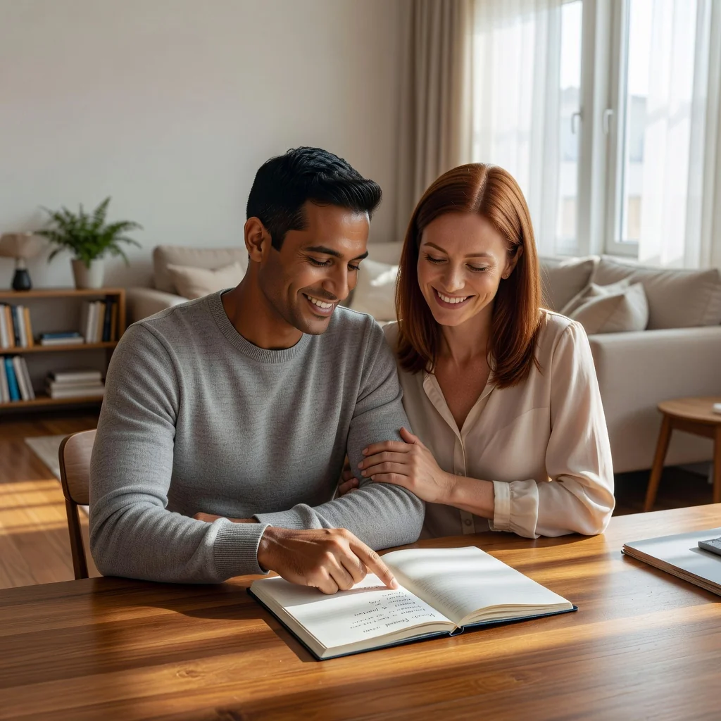 A photorealistic image depicting a happy adult couple in a committed partnership, sitting together at a home office desk, reviewing notes and discussing plans with warm smiles, symbolizing trust and collaboration in their relationship, no children present.