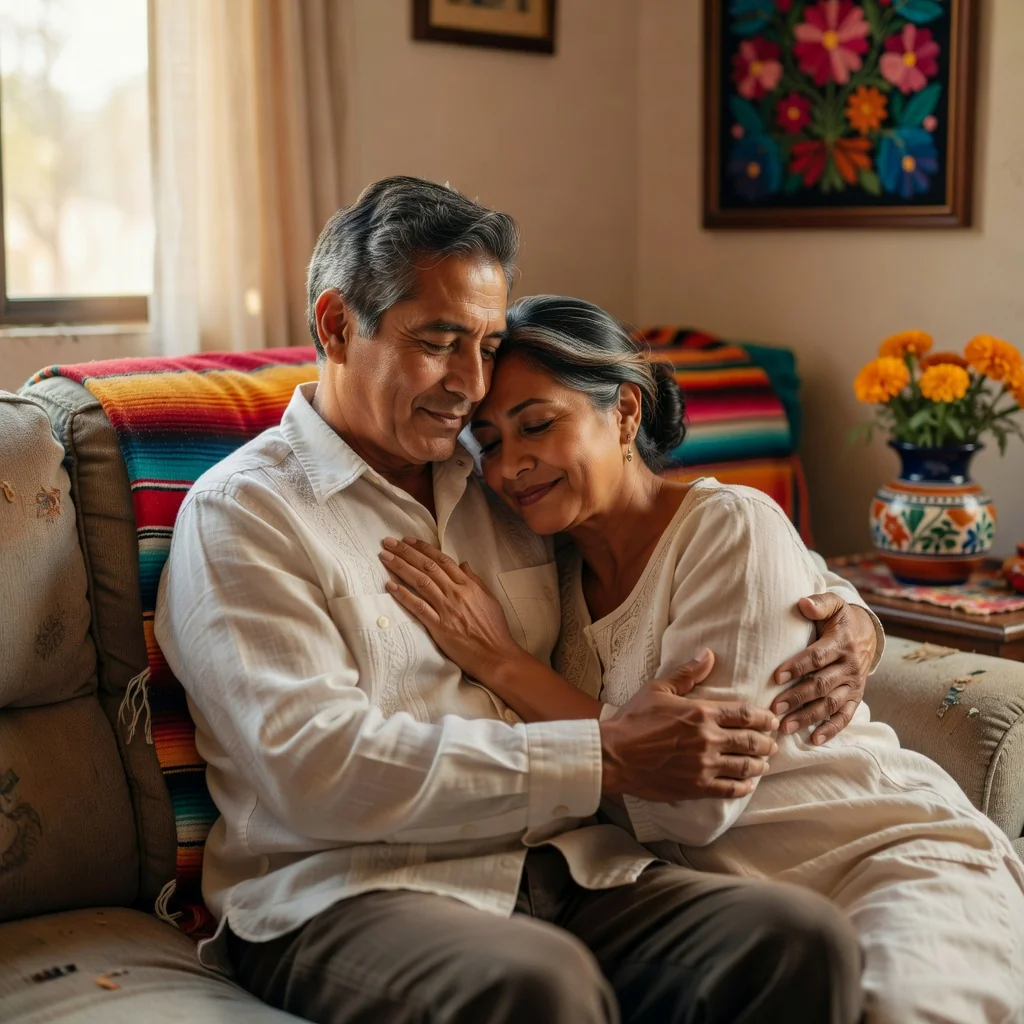A photorealistic image depicting a loving adult couple in a committed relationship, perhaps sharing a tender moment in a cozy home setting in Mexico, symbolizing concubinage without focusing on legal aspects.