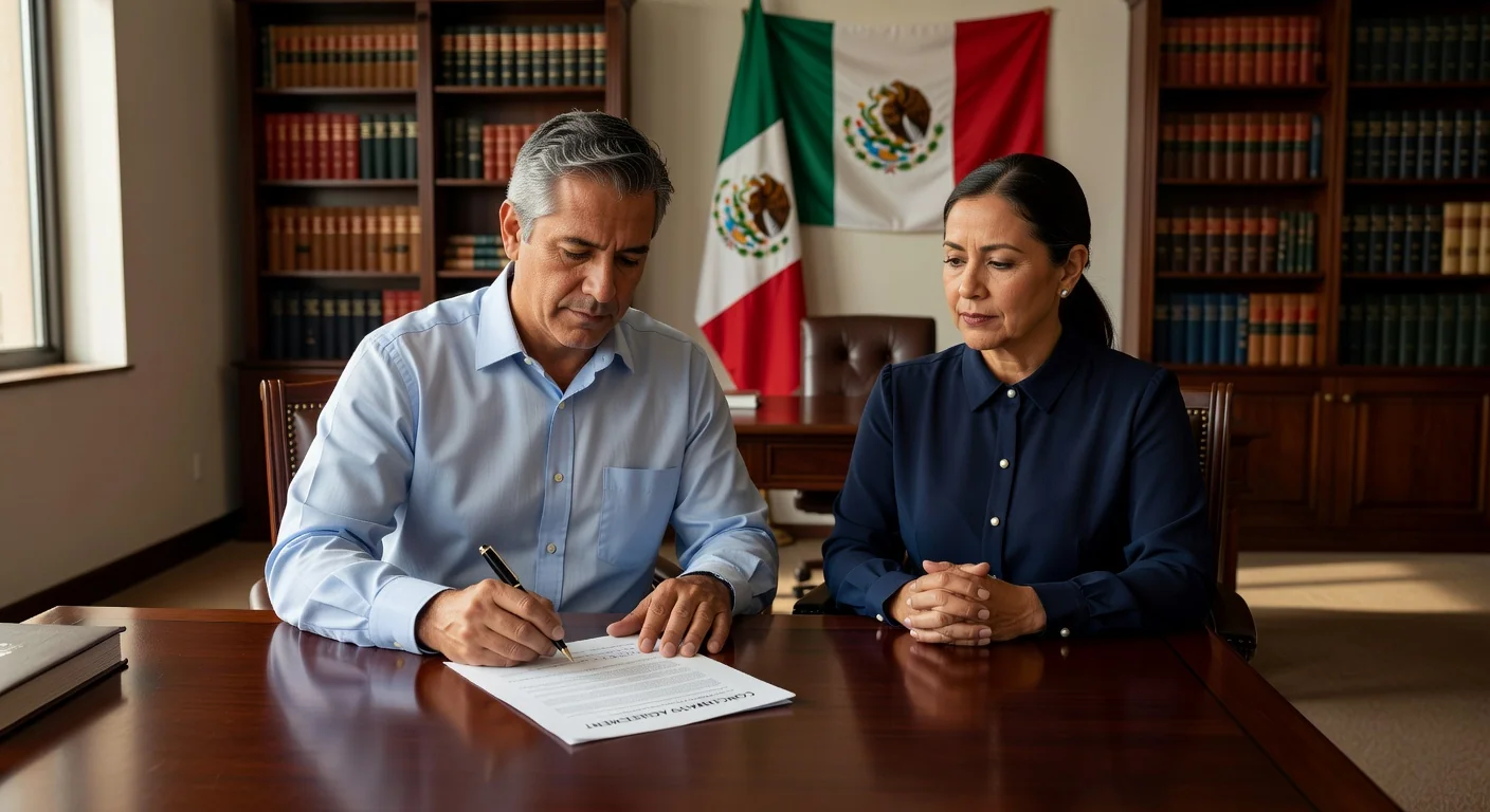 Mexican couple signing legal agreement