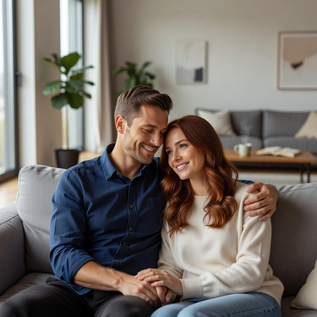 A photorealistic image of a loving adult couple in a committed partnership, sitting together on a cozy couch in their modern living room, holding hands and looking affectionately at each other, symbolizing the rights and obligations in their cohabitation agreement, with warm lighting and natural expressions, no children present.