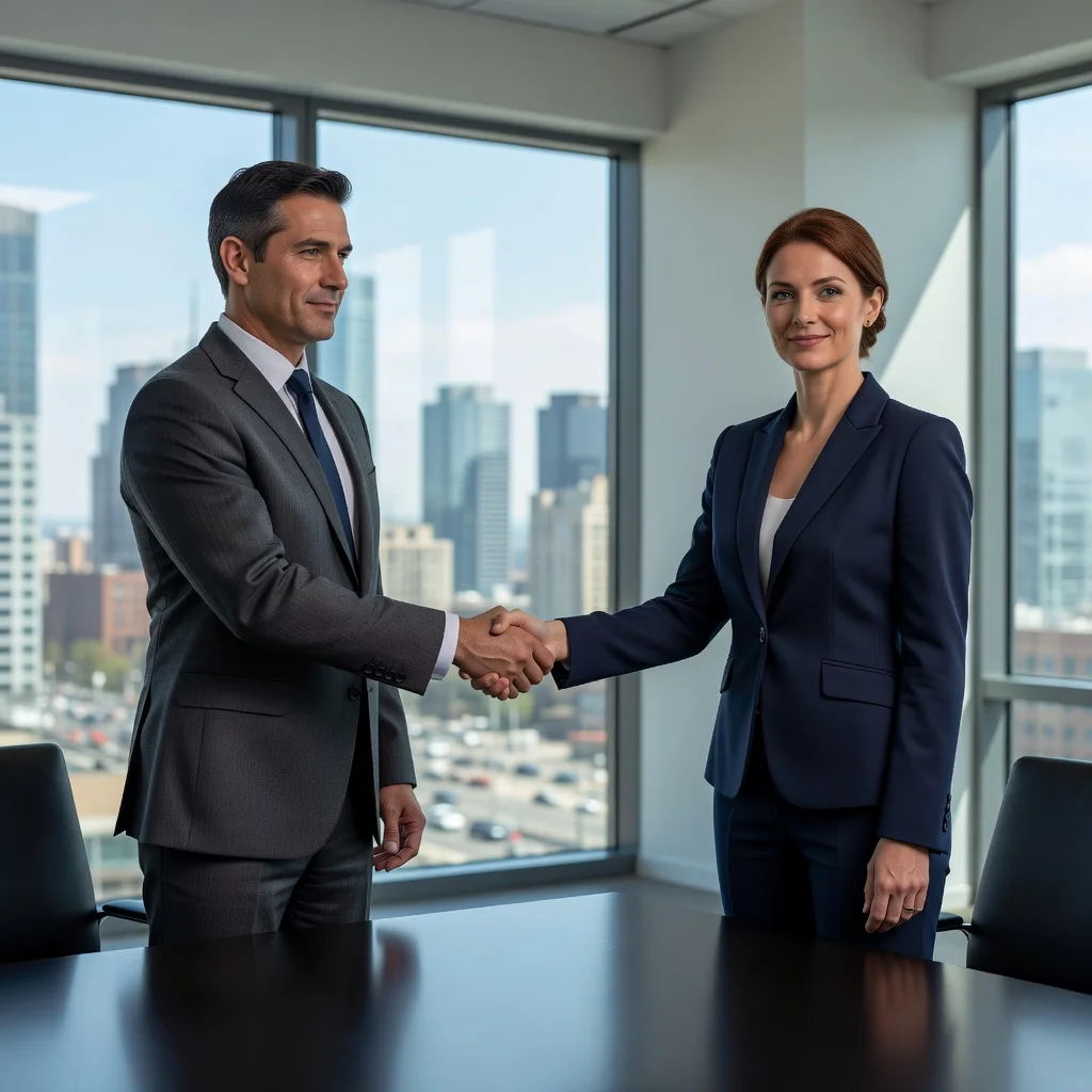 A photorealistic image of two professional adults in a business partnership, shaking hands across a conference table in a modern office, symbolizing trust and agreement in a business partnership, with no legal documents visible, no children present.