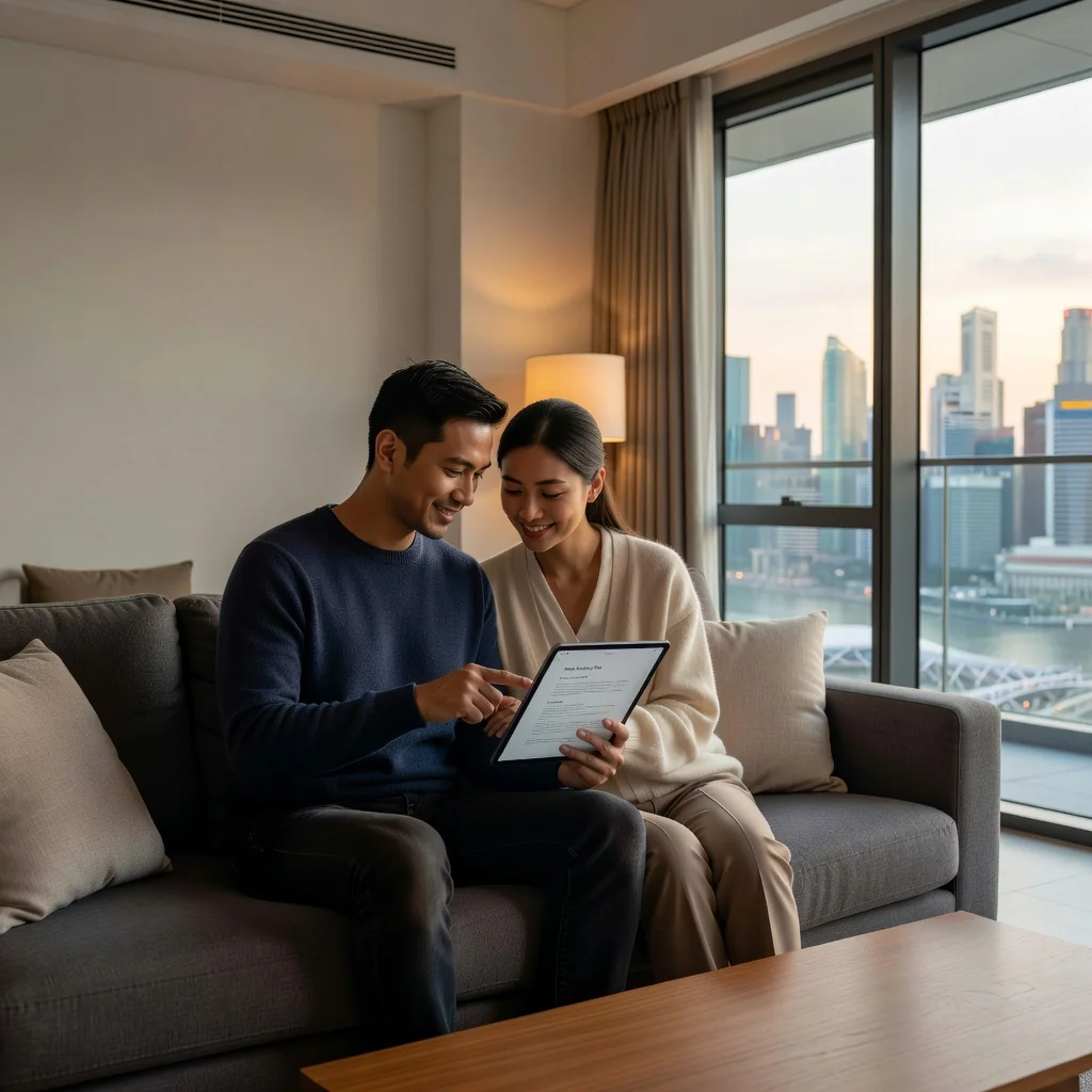 A photorealistic image of a happy unmarried couple in their mid-30s sitting closely together on a cozy sofa in a modern Singaporean apartment, reviewing a document together with warm smiles, symbolizing trust and commitment in their relationship, no children present, natural indoor lighting.