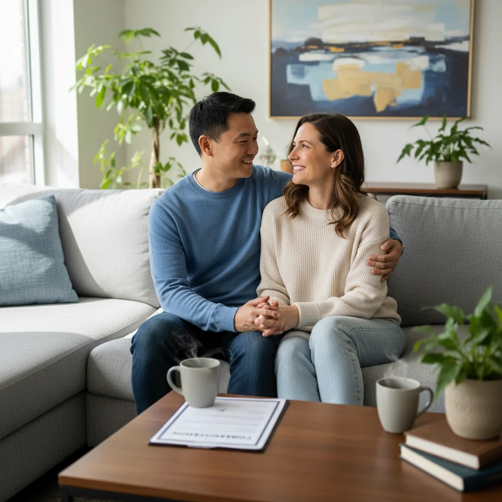 A photorealistic image of a happy unmarried couple in their mid-30s, an Asian man and a white woman, sitting closely together on a cozy living room couch, reviewing a document with smiles, symbolizing trust and commitment in cohabitation. The room is warmly lit with modern decor, no children present.