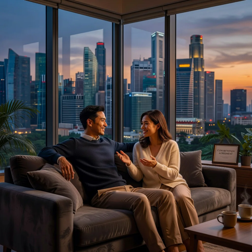 A photorealistic image of a young adult couple in a modern Singapore apartment, sitting comfortably on a couch, discussing matters with a sense of trust and partnership, overlooking the city skyline, symbolizing cohabitation and mutual agreements without any legal documents visible.