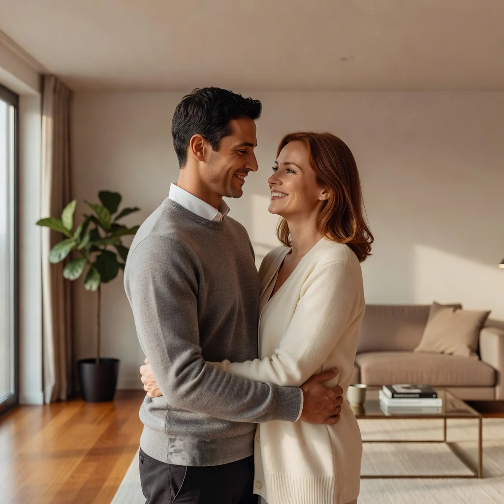 A photorealistic image of a loving adult couple in a committed cohabitation relationship, embracing warmly in a cozy home setting, symbolizing the partnership and legal recognition addressed in the article about requirements for a valid cohabitation agreement. No children are present in the image.