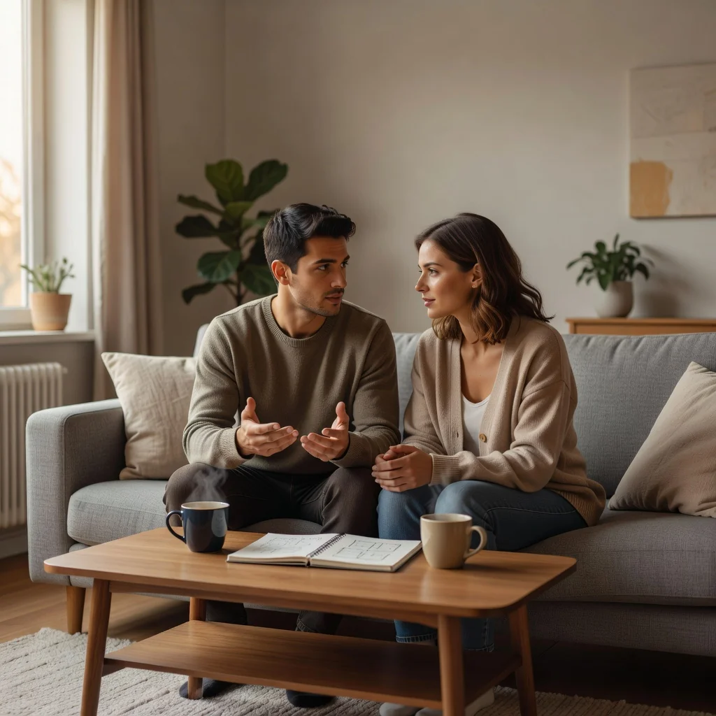 A photorealistic image of a young adult couple in a modern apartment, sitting together on a couch discussing their cohabitation agreement, with subtle elements like a shared calendar or coffee mugs symbolizing partnership, no legal documents visible, warm and intimate atmosphere, no children present.