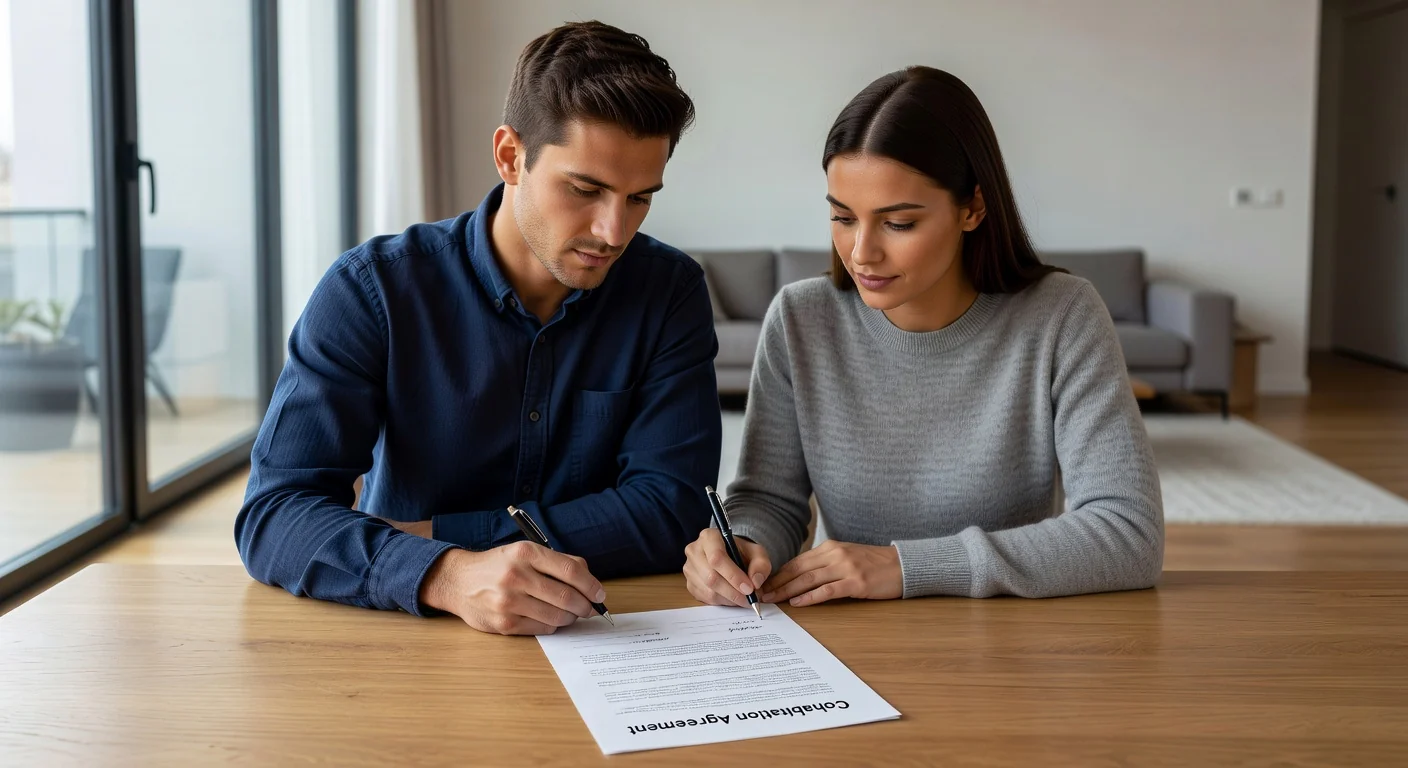 Couple signing cohabitation agreement