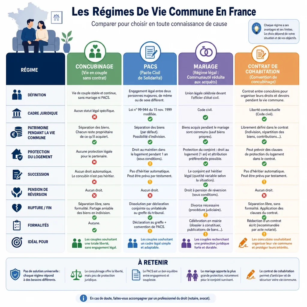Comparatif des régimes de vie commune en France