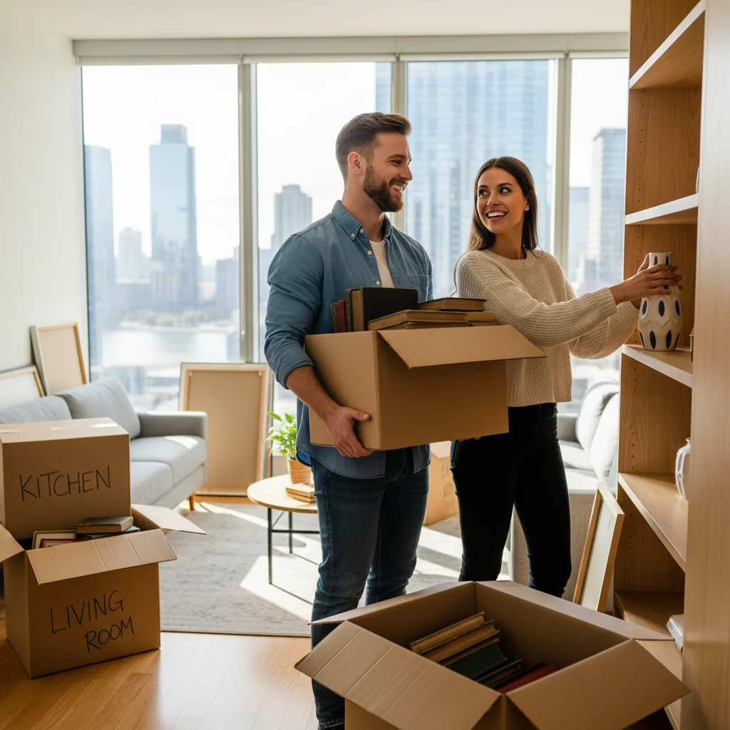 A photorealistic image depicting two young adults, a man and a woman, happily moving into a modern apartment together, symbolizing cohabitation and partnership without marriage. They are carrying boxes and smiling at each other in a bright living room, representing the essence of a cohabitation agreement.