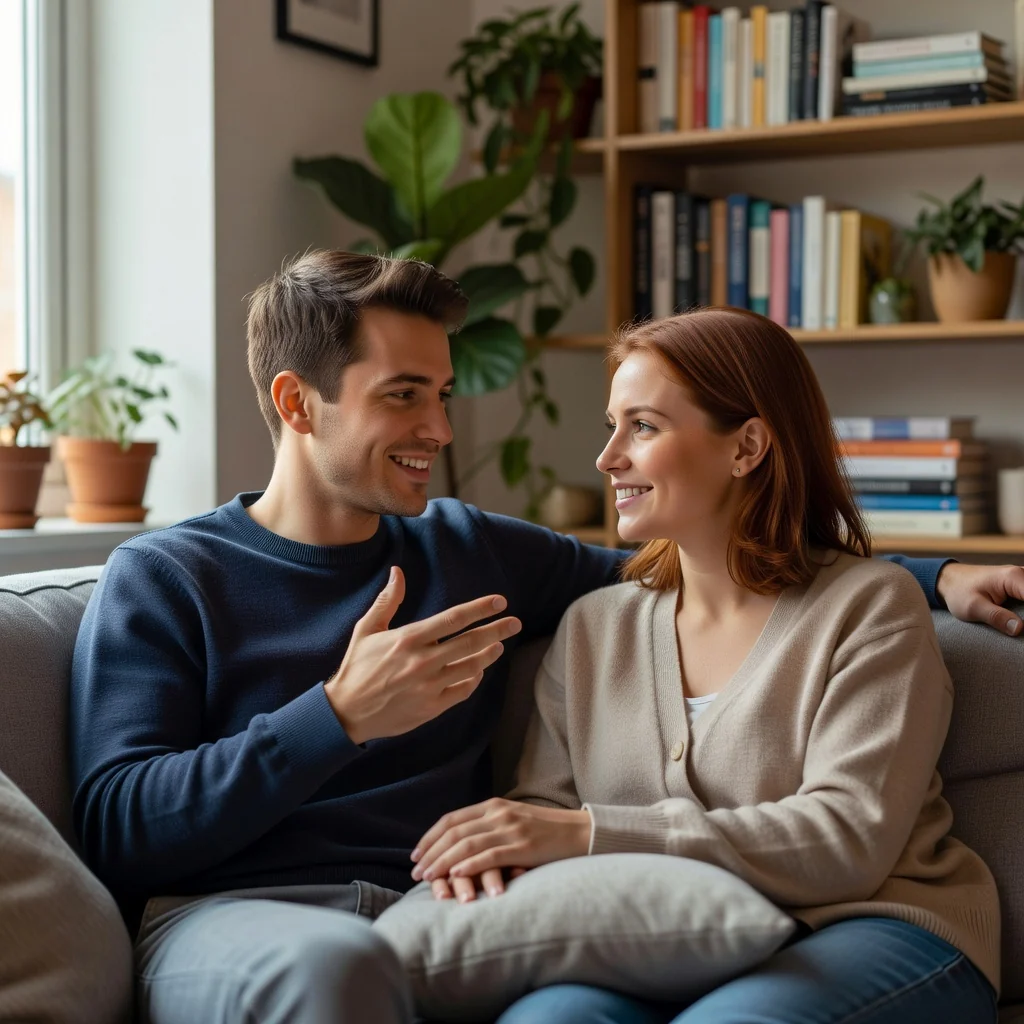 A photorealistic image of a young adult couple sitting together on a cozy sofa in a modern living room, smiling and discussing something important while holding hands, symbolizing partnership and commitment in cohabitation without any legal documents visible. No children are present in the scene.