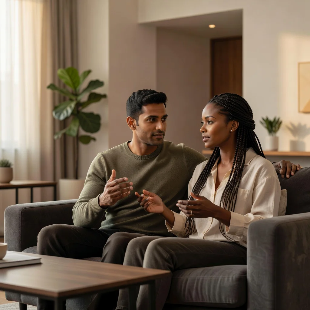 A photorealistic image of a happy unmarried couple in their early 30s, sitting together on a cozy couch in a modern living room, discussing something important with relaxed expressions, symbolizing trust and planning for their shared future without any legal documents visible.