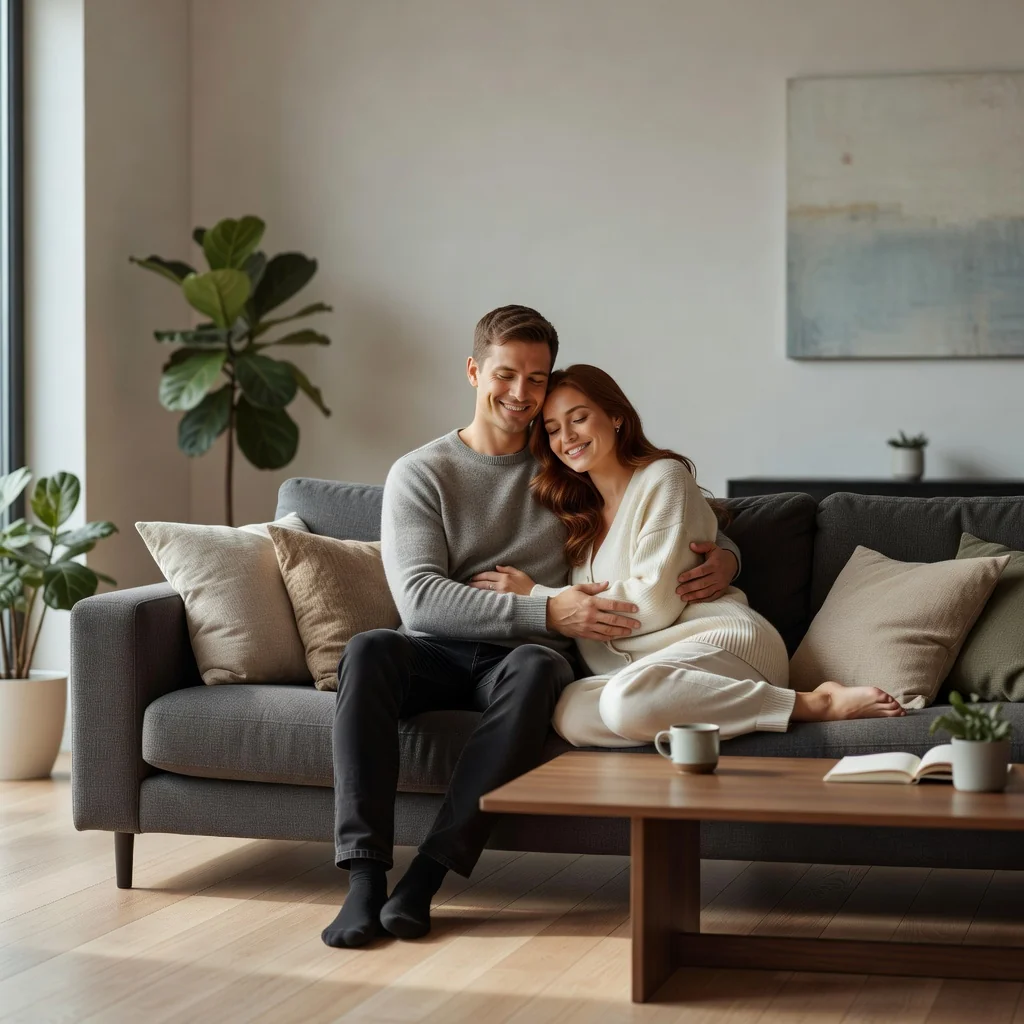 A photorealistic hero image representing the advantages and limits of a cohabitation agreement, showing a loving adult couple in an intimate home setting, symbolizing partnership and shared life without marriage, no children present.