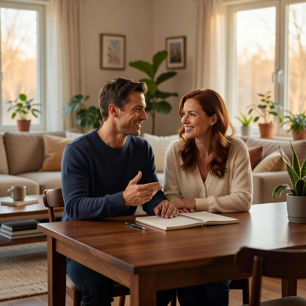 A photorealistic image depicting a happy adult couple in their 30s sitting together at a cozy home table, discussing and planning their future partnership, with subtle elements like a calendar or notebook nearby, symbolizing commitment and agreement without showing any legal documents. The scene conveys trust, love, and mutual support in a romantic relationship.
