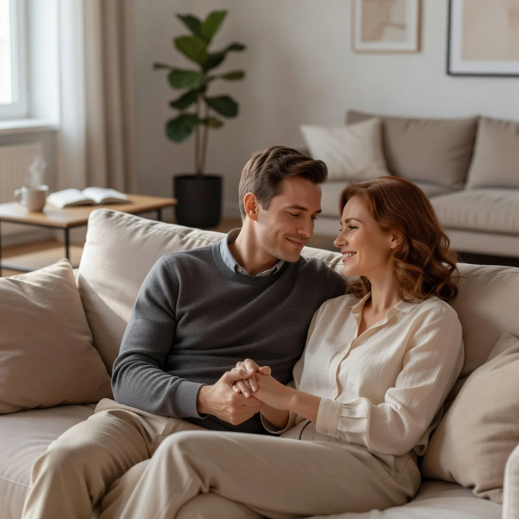 A photorealistic image depicting a happy adult couple in their 30s relaxing together on a cozy couch in a modern living room, symbolizing the companionship and shared life of concubinage without any legal documents visible, no children present.